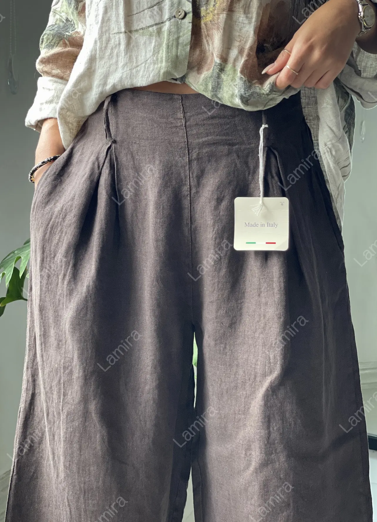 شلوار لینن ایتالیایی کمربند مرواریدی